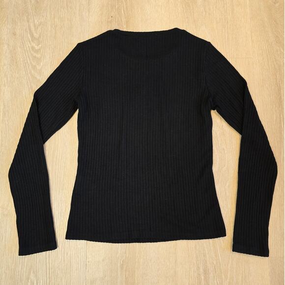 Reformation Black Ribbed Knit Long Sleeve Top Size S Crew Neck Elevated Basics - Picture 2 of 3